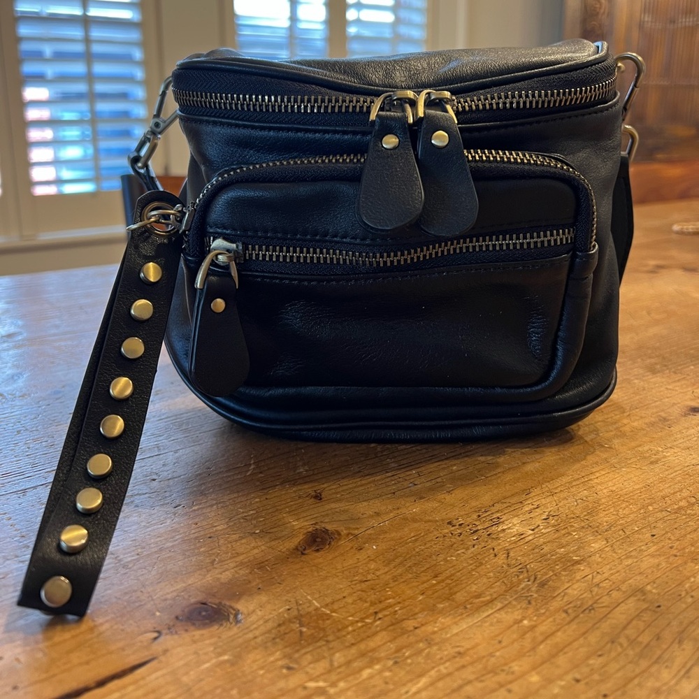 Leather studded black crossbody bag